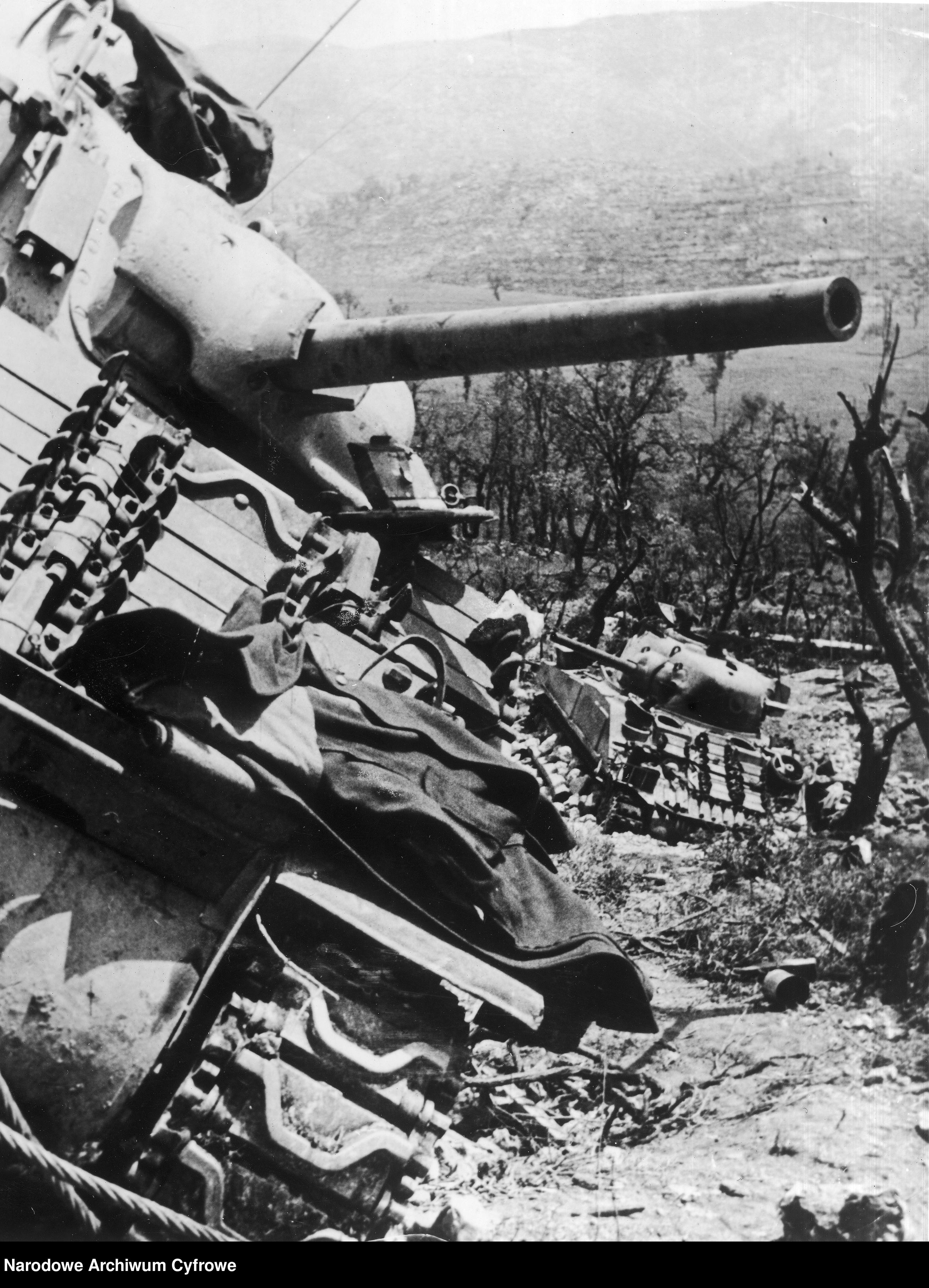 <p>Piedimonte San Germano, maggio 1944.<br />Il carro “Magnat” del capitano Kuzcuk-Pilecki, comandante del III squadrone del 6° reggimento corazzato, immobilizzato sotto l’ultimo tornante della strada per Piedimonte, il 22 maggio 1944. In secondo piano il carro del sottotenente Glic.</p><p class='eng'>1944/05/24 - 1944/05/25<br />M4 Sherman tanks from the 6th Armored Regiment "Children of Lviv" suspended on the rocky terraces of Piedimonte.<br />NAC 3/24/0/-/460/3</p>
