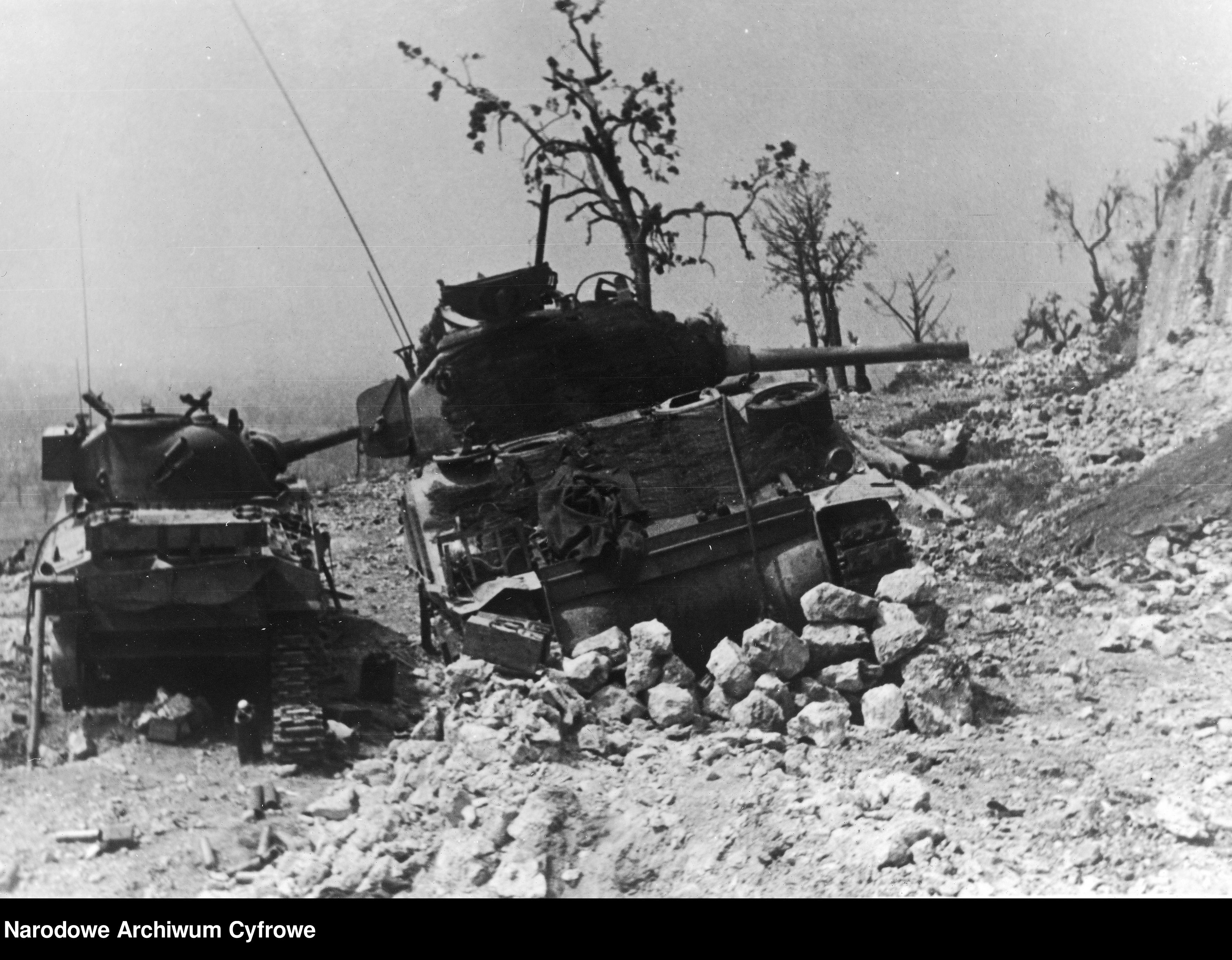 <p>Piedimonte San Germano, maggio 1944.<br>Il carro del sottotenente Kromp, sul quale prese posto il capitano Kuzcuk-Pilecki il 23 Maggio 1944 e che rimase bloccato sotto le mura del paese. Subito dietro il carro del cadetto Wasjac.</p><p class='eng'>1944/05/24 - 1944/05/25<br />M4 Sherman tanks from the 6th Armored Regiment "Dzieci Lwowskich" cadet. Wasiak and Lt. Kromp immobilized on mines.<br />NAC 3/24/0/-/460/4</p>