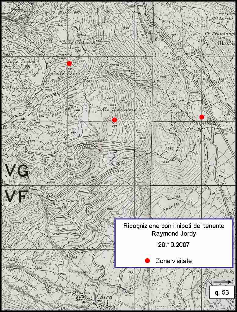 <p>Ottobre 2007, area colle Belvedere. Mappa delle zone visitate accompagnando i nipoti del<br /> tenente Raymond Jordy (+ 4.2.1944).</p>