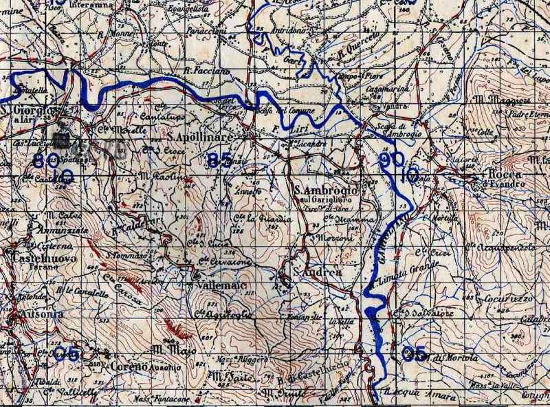 <p>Carta topografica in uso al comando del C.E.F. della zona della cosiddetta <i>"Boucle du Garigliano"</i>, dove operarono la 1a divisione motorizzata di fanteria e la 2a divisione di fanteria marocchina.</p>