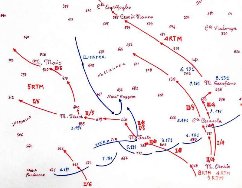 <p>Schizzo topografico della zona monte Feuci, monte Faito, colle Cerasola, dove si svolsero<br /> gli aspri combattimenti del 12-13 maggio 1944.</p>