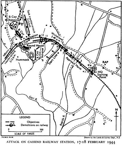 <p>17-18 febbraio 1944. L'attacco dei Maori verso la stazione di Cassino.</p><p class='eng'>Attack on Cassino railway station, 17-18 february 1944.</p>