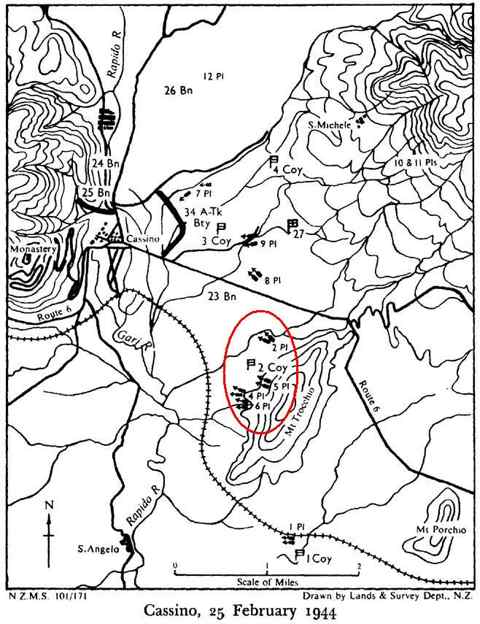 <p>17-18 febbraio 1944. L'attacco dei Maori verso la stazione di Cassino. Posizione dei plotoni con mitragliatrici Vikers che appoggiarono l’azione dei Maori anche il 17 e il 18 febbraio 1944.</p>