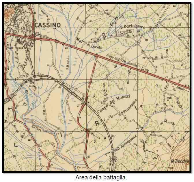 <p>17-18 febbraio 1944. L'attacco dei Maori verso la stazione di Cassino: area della battaglia.</p>