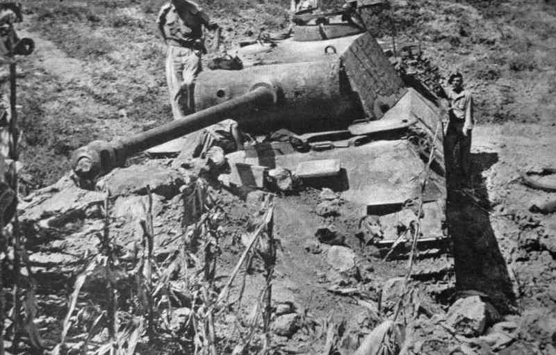 <p>Luglio 1944, linea del Metauro. Il "Pantera" 214 distrutto dopo uno scontro con il 4° reggimento corazzato "Skorpion" del 2° Corpo polacco.</p>