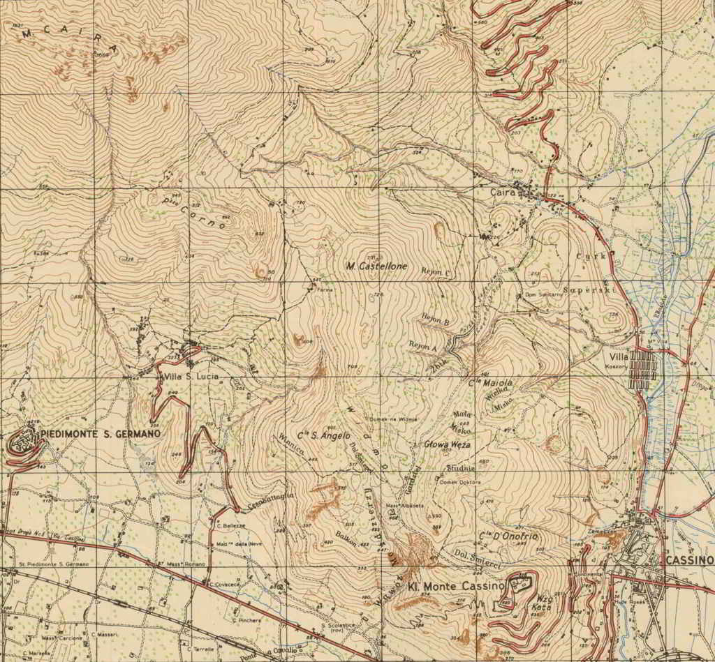 <p>Veduta generale della zona di Monte Castellone e di Pizzo Corno dalla carta topografica della 12a compagnia del 2° Corpo polacco eseguita nel 1944.</p>