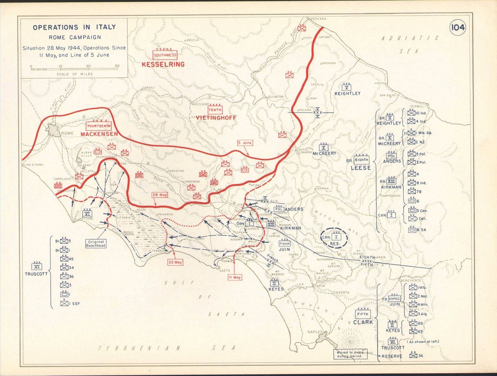 <p class='eng'>OPERATIONS IN ITALY - ROME CAMPAIGN. Situation 28 May 1944. Operations Since 11 May, Line of 5 June.</p>