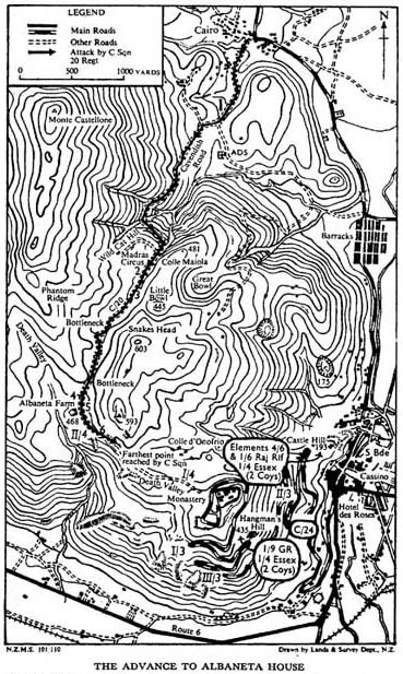 <p>Mappa topografica neozelandese con i percorsi della “Cavendish Road”, della “Roorkee Road” e della “Villa Road”, e dei carri armati durante l’attacco del 19 marzo 1944.</p>