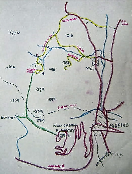 <p>Mappa topografica con i percorsi della “Cavendish Road”, della “Roorkee Road” e della “Villa Road”, allegata al diario di guerra del battaglione Genio della 4a divisione di fanteria indiana.</p>