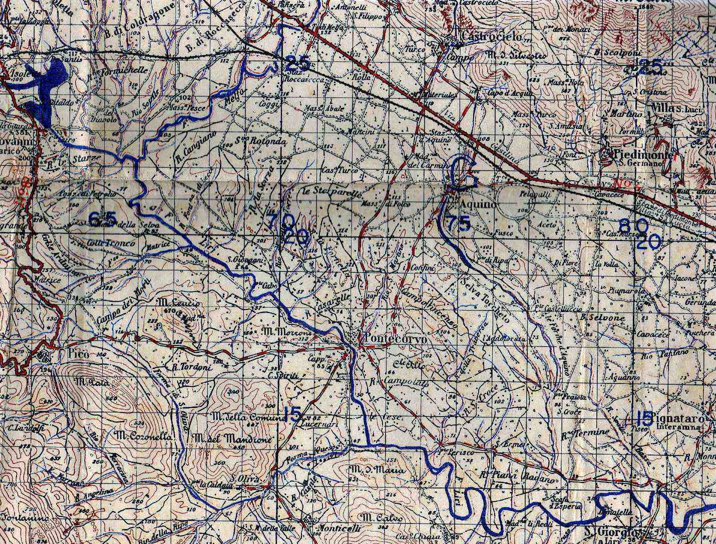 <p>Carta topografica americana al 100.000, Cassino, usata dallo stato maggiore del C.E.F. E’ ben visibile la quota 101 fra San Oliva e Pontecorvo.<br /></p>