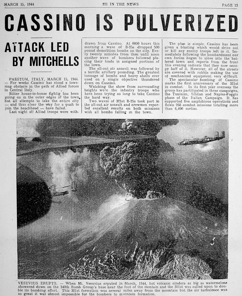 <p>La pagina del giornaletto <i>321 IN THE NEWS</i> con l'azione su Cassino del 15 marzo 1944 a cui partecipò appunto anche il <i>321st Bomb Group</i>.</p>