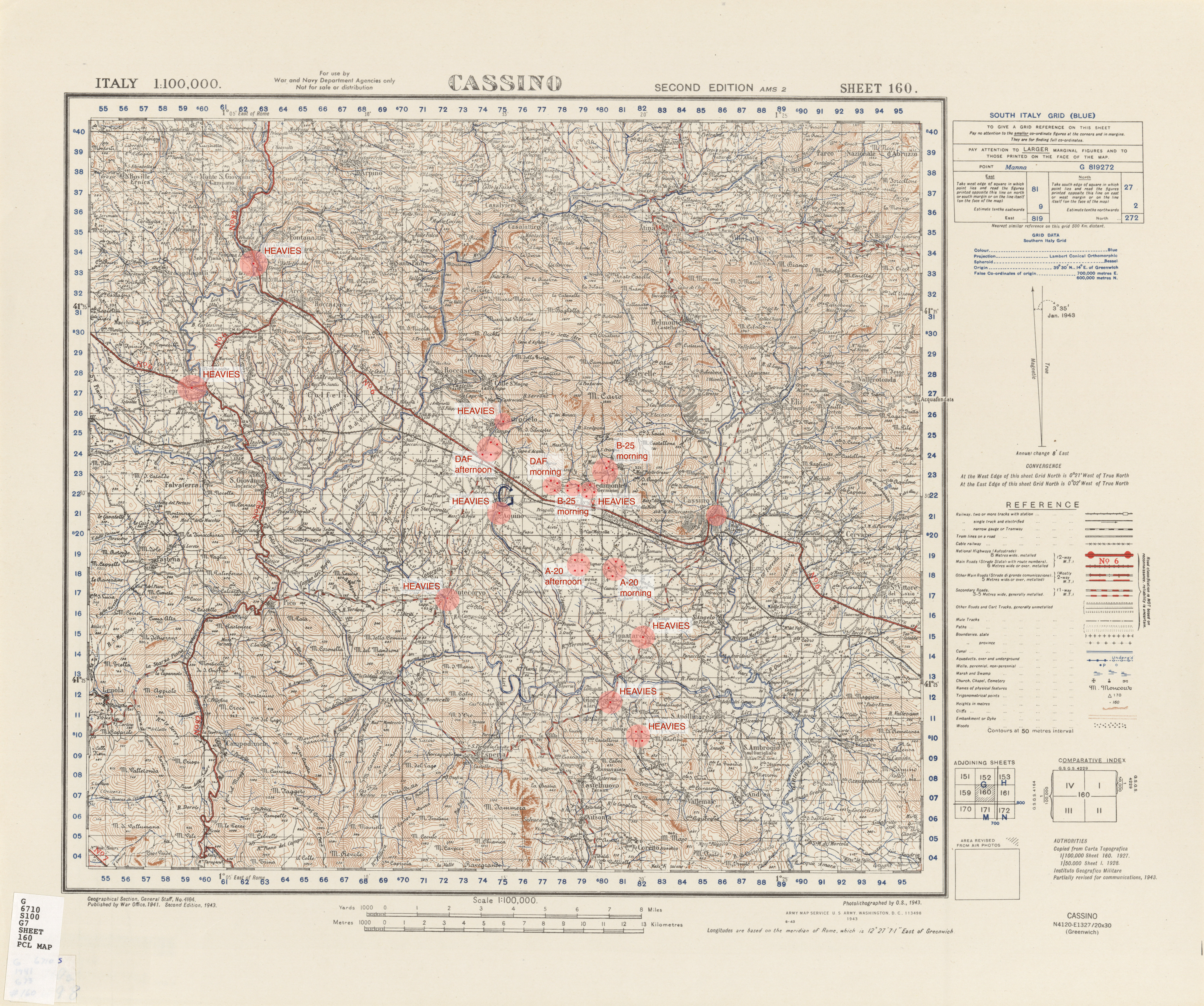 <p>Nelle aree evidenziate in rosso gli obiettivi dell'operazione LUDLUM.<br />Elaborazione Valentino Rossetti, info da: HQ MATAF, TAF/69/AIR, CASSINO OPERATION. 11 March 1944.</p><p class='eng'>Series M691, U.S. Army Map Service 1941-1945 - Cassino Sheet 160, 1:100,000 (part).</p>